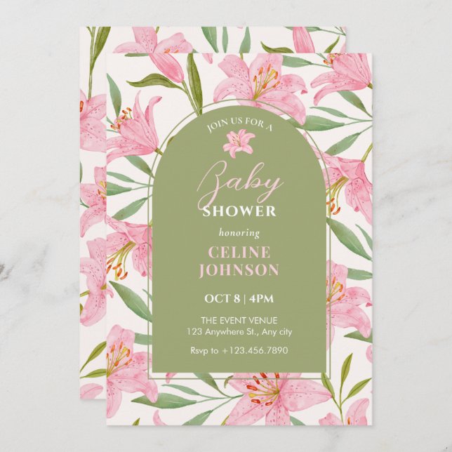 Pastel floral bloom lily pink green baby shower invitation (Front/Back)
