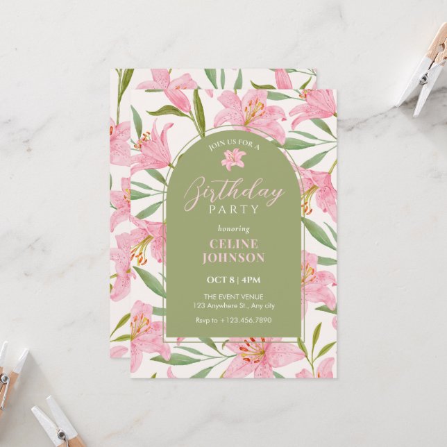 Pastel floral bloom lily pink green birthday invitation (Front/Back In Situ)