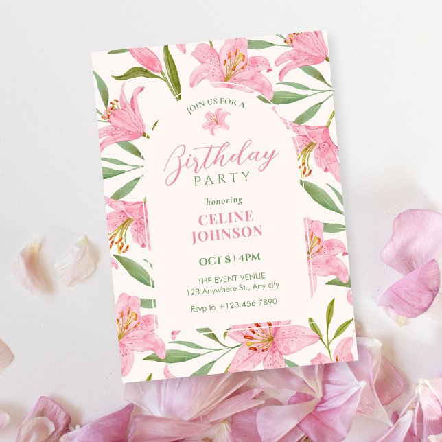 Pastel floral bloom lily pink green birthday invitation (Creator Uploaded)