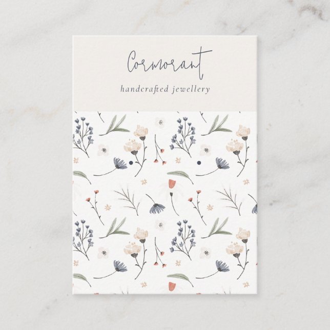 Pastel Floral Blue Rust Script Earring Stud Holder Business Card (Front)