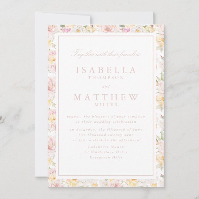 Pastel Floral Border Wedding Invitation (Front)