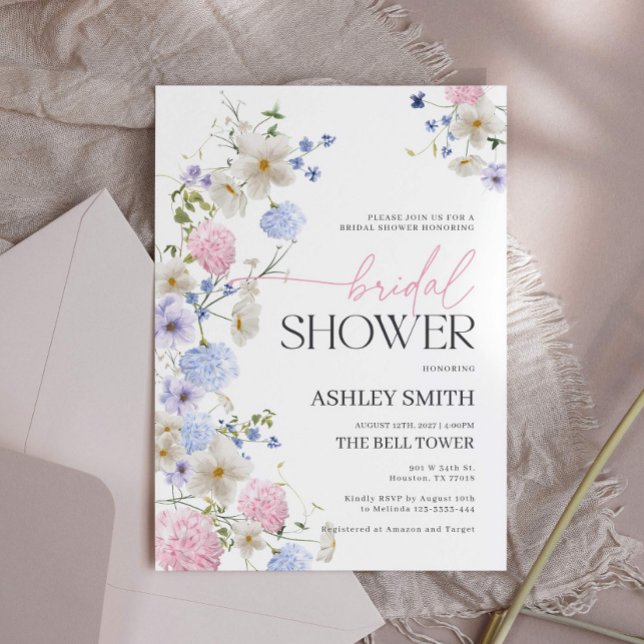 Pastel Floral Bridal Shower Invitation (floral pastel bridal shower invitation with blush and purple flowers)