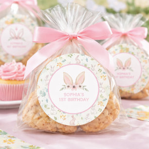 Pastel Floral Bunny Ears Girls 1st Birthday Favour Classic Round Sticker
