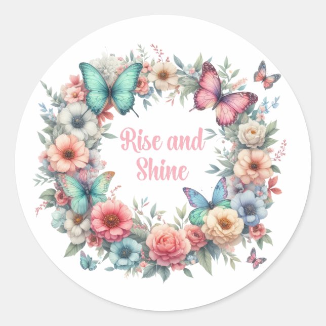pastel floral butterflies rise and shine  classic round sticker (Front)