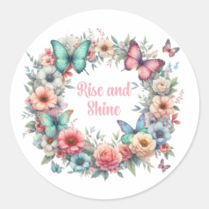 pastel floral butterflies rise and shine classic round sticker