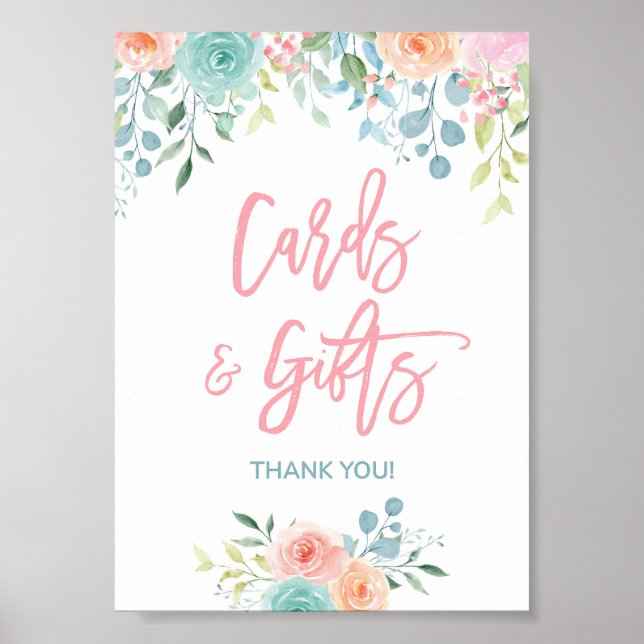 Pastel Floral Cards & Gifts Shower Table Sign 5x7 (Front)