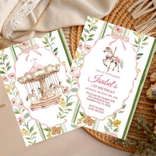 Pastel Floral Carousel Watercolor girl Birthday  Invitation
