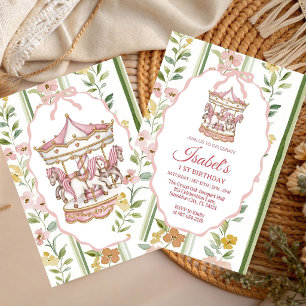 Pastel Floral Carousel Watercolor girl Birthday  Invitation