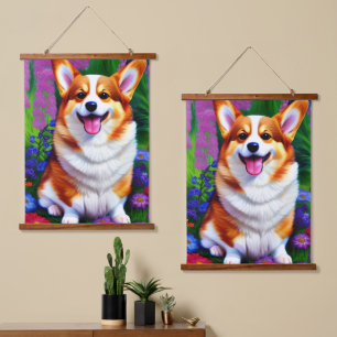 Pastel Floral Corgi Sherpa Hanging Tapestry