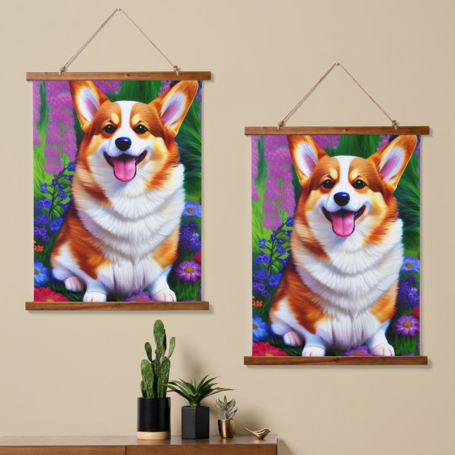 Pastel Floral Corgi Sherpa Hanging Tapestry (Asymmetrical)