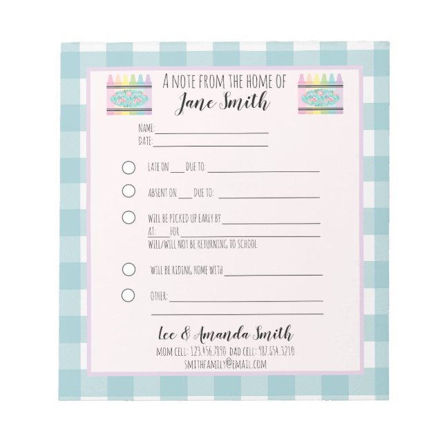 Pastel Floral Crayon School Note Excuse 1 Child (Front)