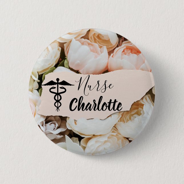 Pastel Floral Custom Name Nurse  6 Cm Round Badge (Front)