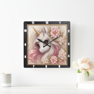 Pastel Floral Dreamy Unicorn  Square Wall Clock