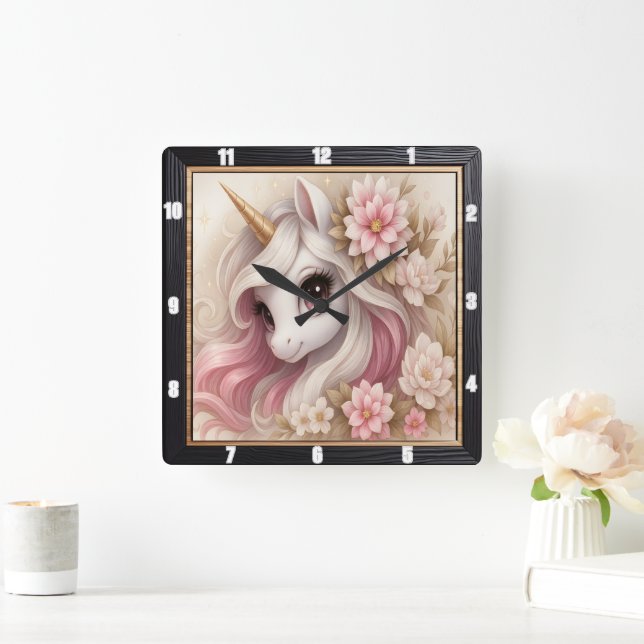 Pastel Floral Dreamy Unicorn  Square Wall Clock (Home)