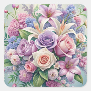 Pastel Floral Elegance Throw Pillow Cover Square Sticker