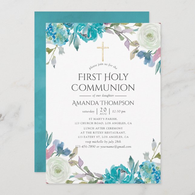 Pastel Floral First Holy Communion Invitation (Front/Back)