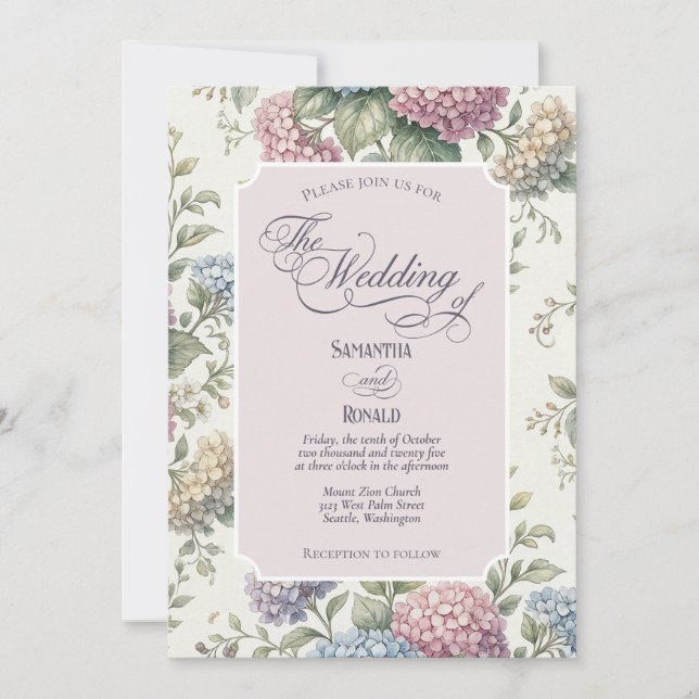 Pastel Floral Garden Hydrangea Flowers Wedding Invitation (Front)