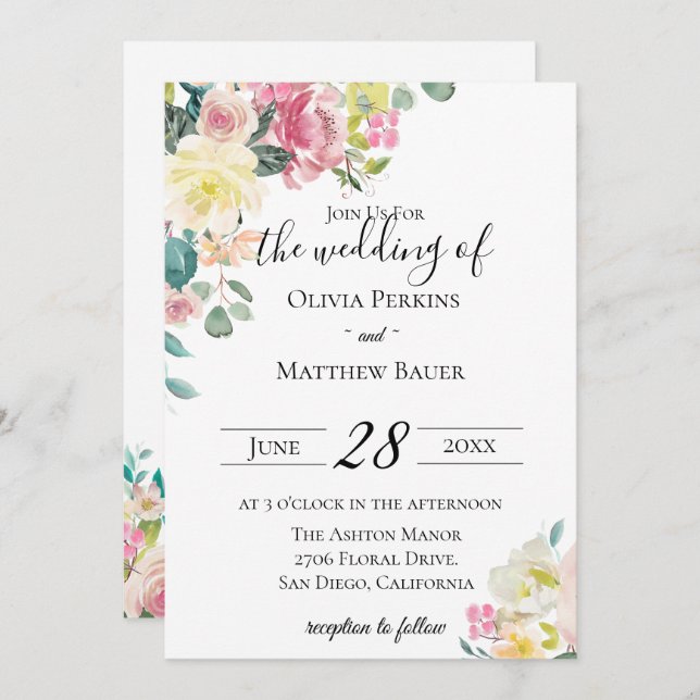 Pastel Floral Garden Wedding Invitation (Front/Back)