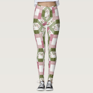 Pastel Floral Geometric Cottagecore Quilt Pattern Leggings