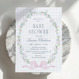 Pastel Floral Gingham Bow Baby Shower Invitation
