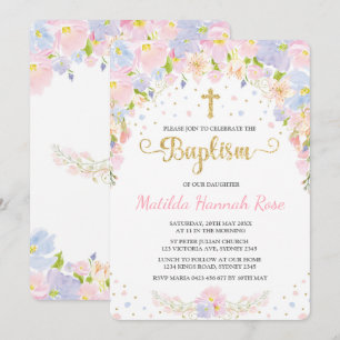 Pastel Floral Girl Baptism Christening Invitation
