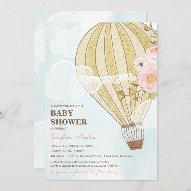 Pastel Floral & Gold Hot Air Balloon Baby Shower Invitation (Front/Back)