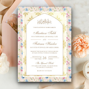 Pastel Floral Gold Motif Arch Muslim Wedding Invitation