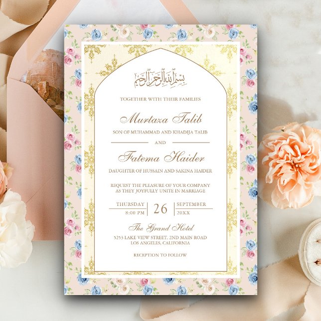 Pastel Floral Gold Motif Arch Muslim Wedding Invitation (Creator Uploaded)
