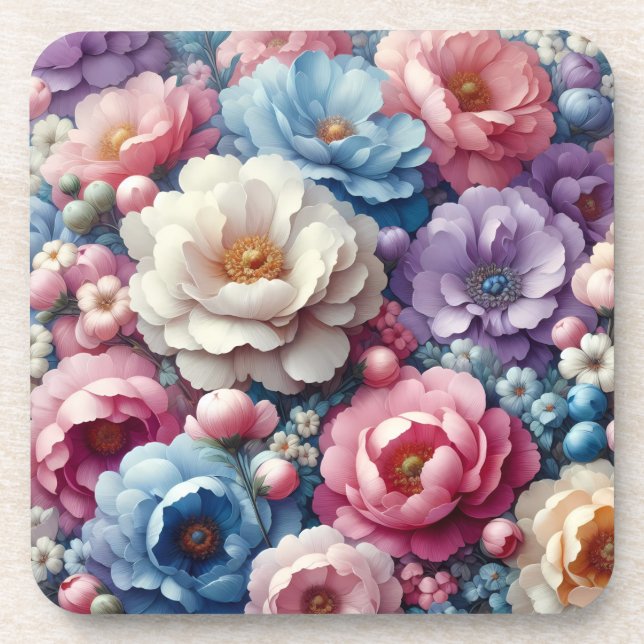 Pastel Floral Hard Plastic Cork Back Coaster Set (Front)