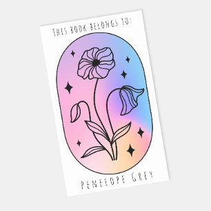 Pastel Floral Hologram Oval Book Plate Rectangular Sticker