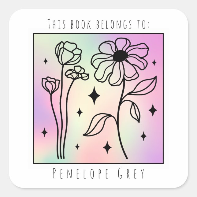 Pastel Floral Hologram Square Book Plate Square Sticker (Front)