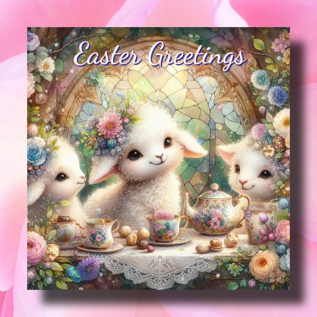 Pastel Floral Lamb Tea Party Cute Kids Easter Holiday Card (Creator Uploaded)