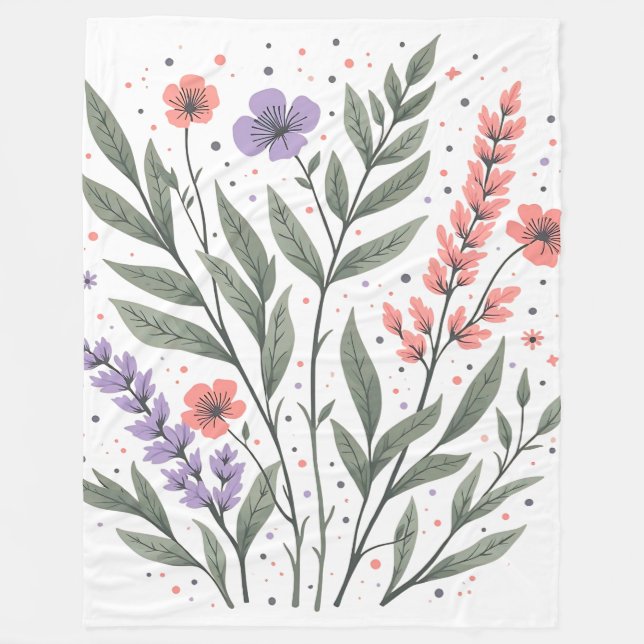 Pastel Floral Leaves Fleece Blanket (Front)