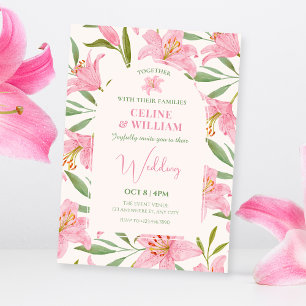 Pastel floral lily pink green wedding  invitation