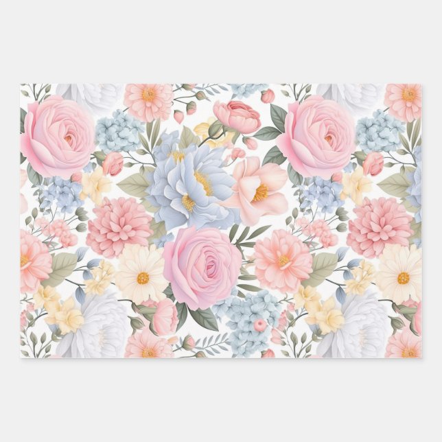 Pastel Floral Medley Flowers Pattern Wrapping Paper Sheet (Front)
