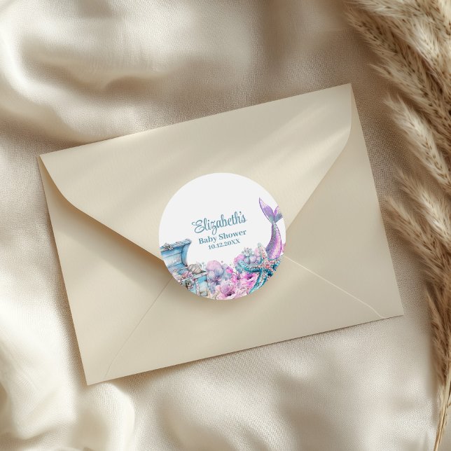 Pastel Floral Mermaid Tail Baby Shower  Classic Round Sticker (Pastel Floral Mermaid Tail Baby Shower Classic Round Sticker on an elegant envelope.)