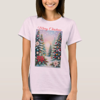 Pastel Floral Merry Christmas Trees In Snow T-Shirt