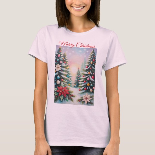 Pastel Floral Merry Christmas Trees In Snow T-Shirt (Front)