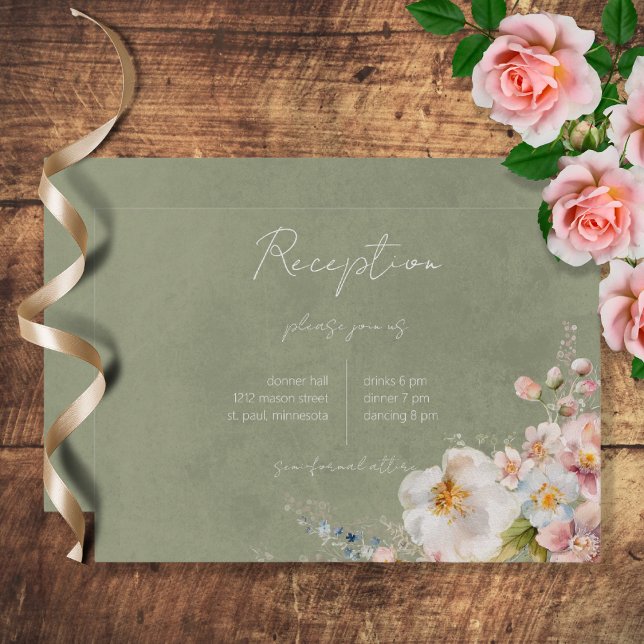Pastel Floral Modern Green Wedding Reception Enclosure Card (Creator Uploaded)
