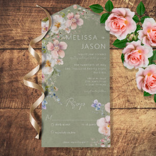Pastel Floral Modern Sage Green No Dinner All In One Invitation
