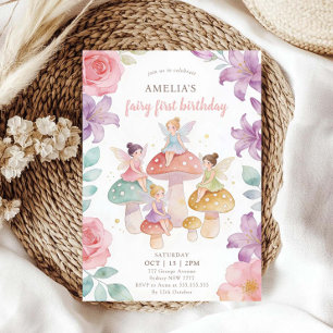 Pastel Floral Mushroom Fairy First 1st Birthday Invitation