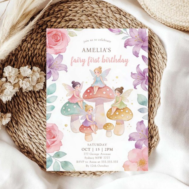 Pastel Floral Mushroom Fairy First 1st Birthday Invitation (Creator Uploaded)