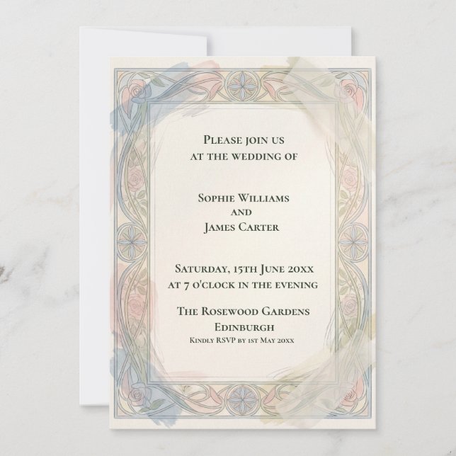 Pastel Floral Nouveau Wedding Invitation (Front)