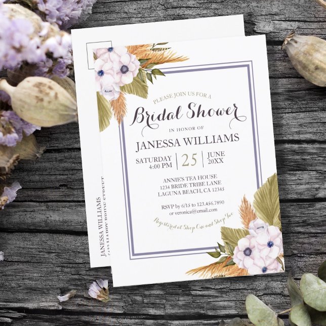 Pastel Floral Pampas Grass Bridal Shower Invitatio Invitation Postcard (PASTEL LAVENDER PAMPAS GRASS BRIDAL SHOWER INVITATION POSTCARD)