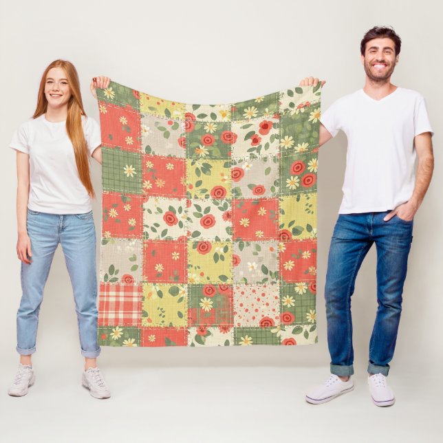 Pastel Floral Patchwork Picnic Pattern (11) Fleece Blanket (In Situ)