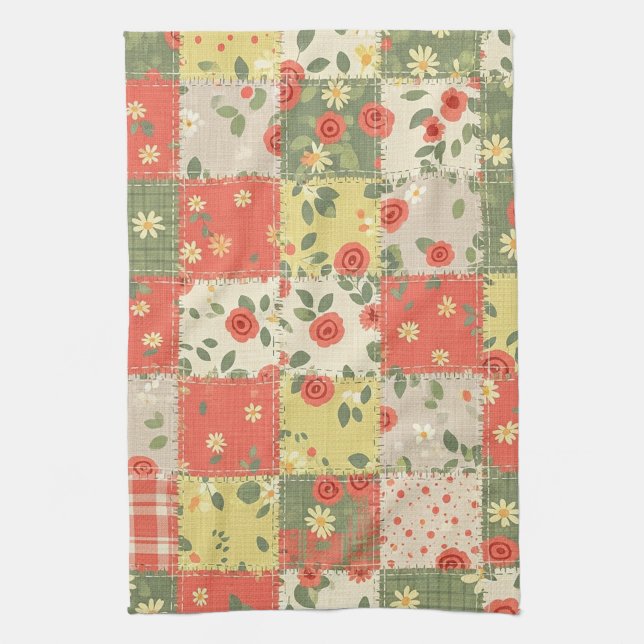 Pastel Floral Patchwork Picnic Pattern (11) Tea Towel (Vertical)
