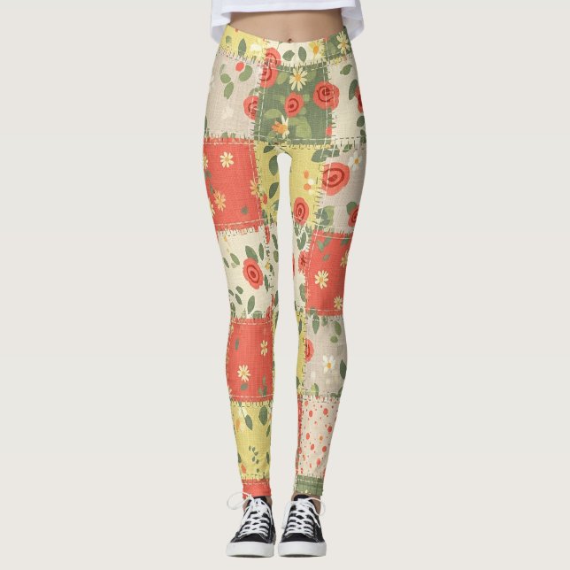 Pastel Floral Patchwork Picnic Pattern (12) Leggings (Front)