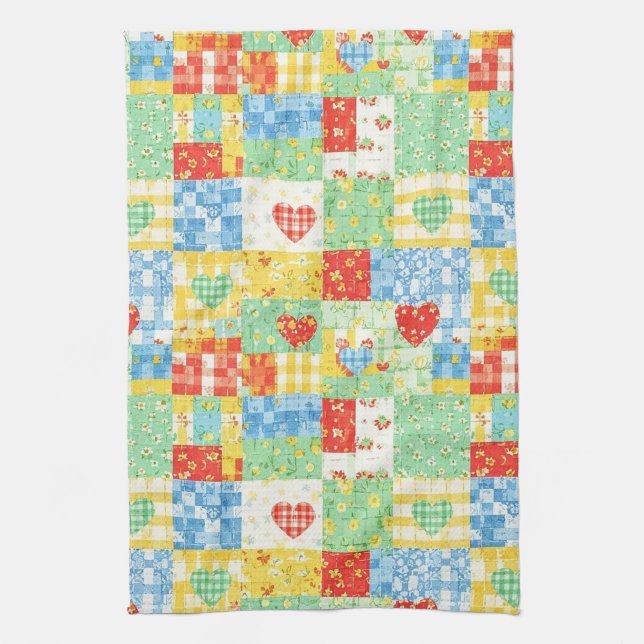 Pastel Floral Patchwork Picnic Pattern (1) Tea Towel (Vertical)