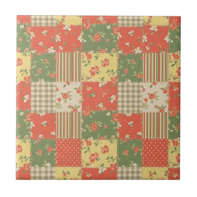 Pastel Floral Patchwork Picnic Pattern (2) Ceramic Tile (Front)