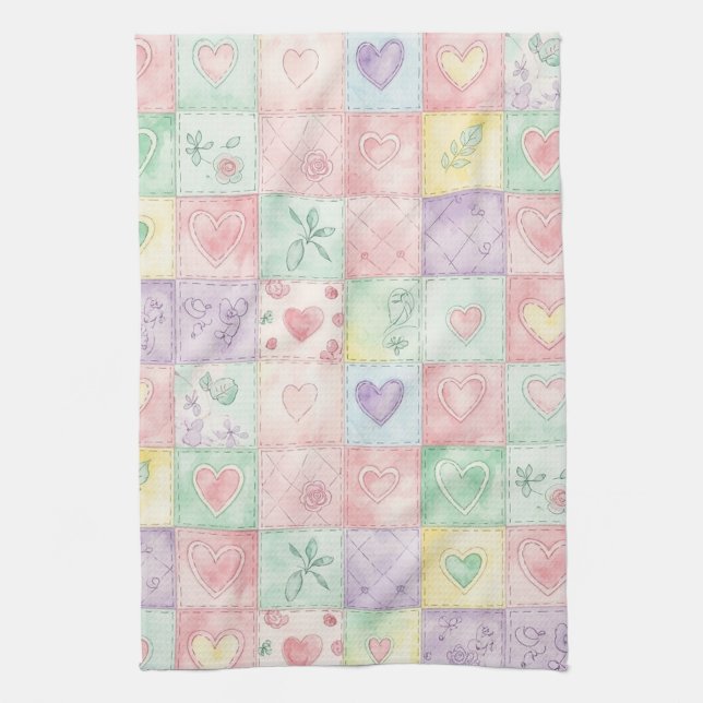 Pastel Floral Patchwork Picnic Pattern (3) Tea Towel (Vertical)